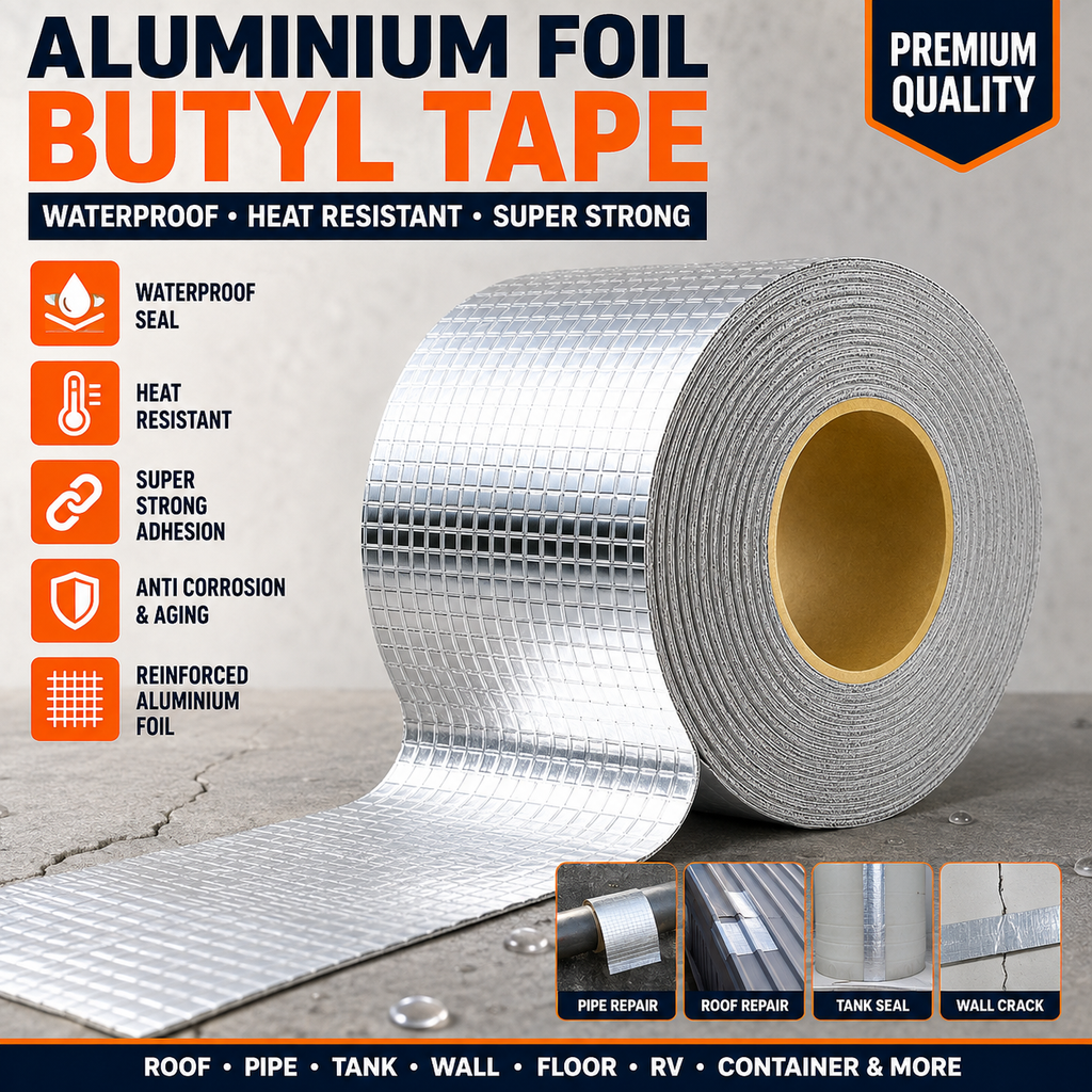 Aluminium Foil Waterproof Repair Tape 5cm x 5M, Self Adhesive Heavy Duty Leak Sealing Tape for Roof, Wall, Floor, Metal, Window, Pipe & Container Repair