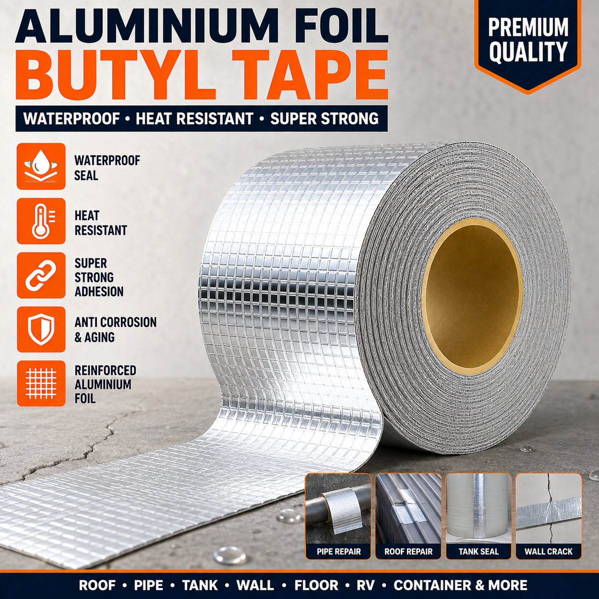 Aluminium Foil Waterproof Repair Tape 5cm x 5M, Self Adhesive Heavy Duty Leak Sealing Tape for Roof, Wall, Floor, Metal, Window, Pipe & Container Repair