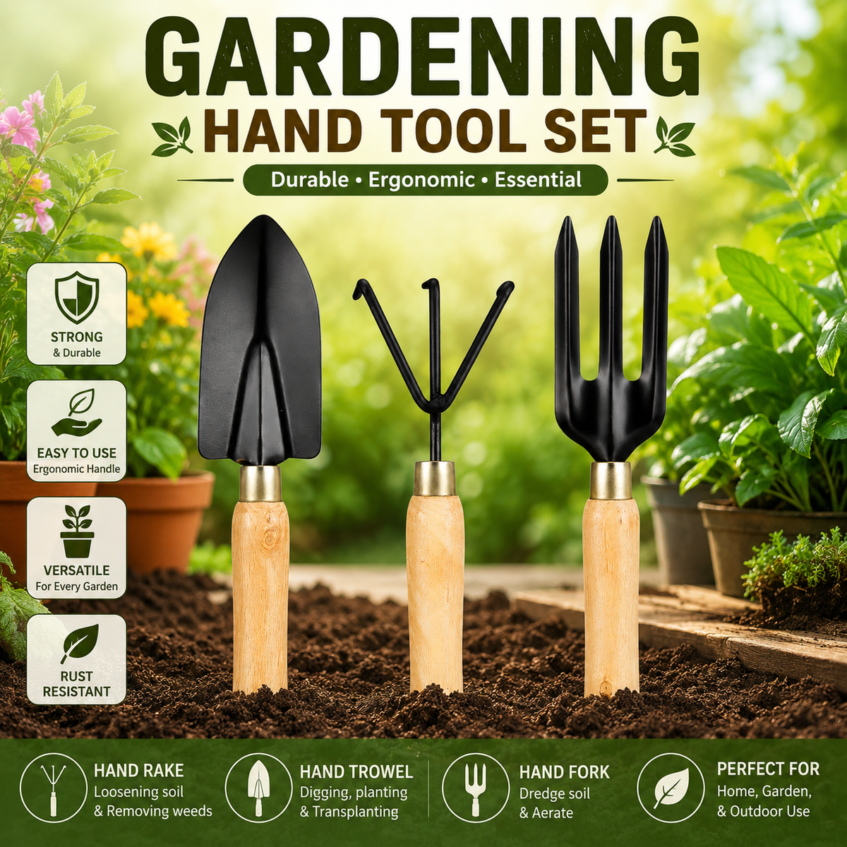 Garden Tools Set of 8 | Khurpa, Gardening Gloves, Pruning Scissors, Garden Pruner, Water Spray Nozzle & Hand Trowel Cultivator Fork Set | Gardening Tools Kit for Home, Plants, Lawn & Outdoor Use