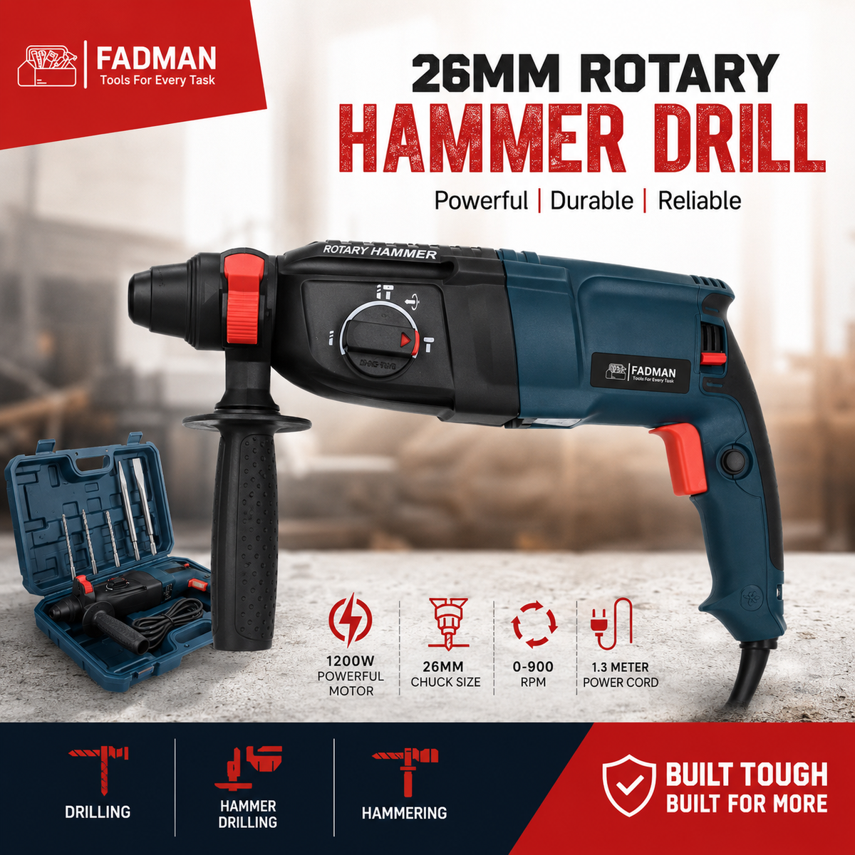 1200W 26mm Heavy Duty Rotary Hammer Drill Machine with SDS Plus Chuck, 3-Mode Drilling, Hammering & Hammer Drilling, 5 Drill Bits, Auxiliary Handle, Depth Rod & Carry Case