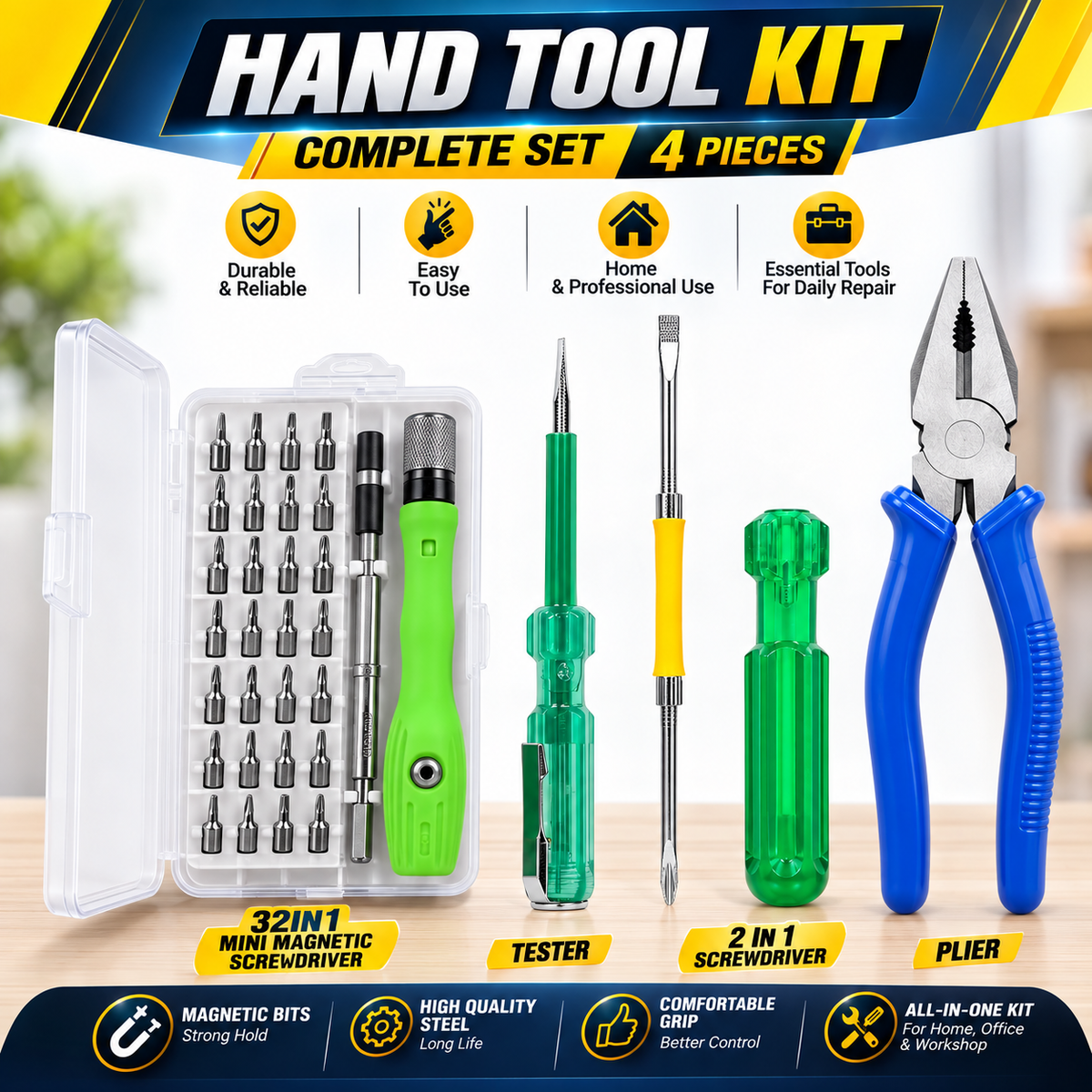 4-in-1 Multi-Functional Hand Tool Kit with Plier, Tester, 2-in-1 Screwdriver & 32-in-1 Mini Magnetic Precision Screwdriver Set for Home, Repair & DIY