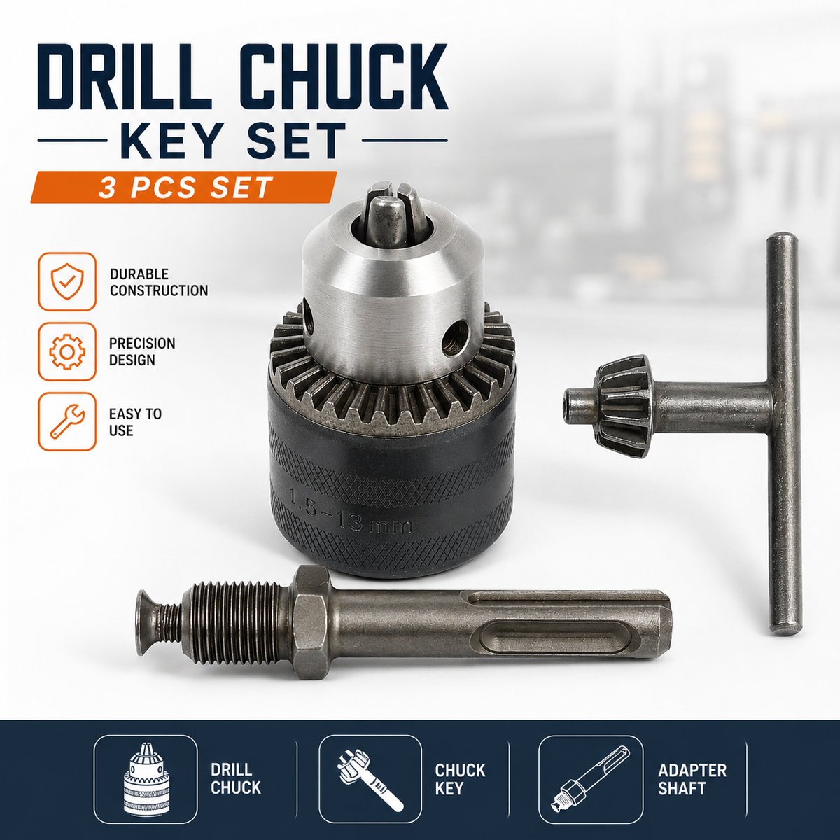 Keyless Drill Chuck with Arbor & Chuck Key – 1.5–13mm