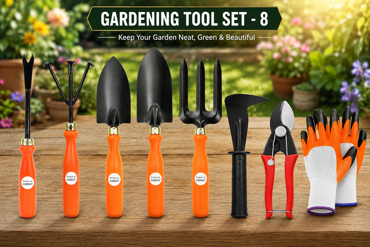 Garden Tools Set of 8 | Big Trowel, Small Trowel, Garden Fork, Hand Weeder, Cultivator, Pruning Cutter, Garden Gloves & Khurpa | Heavy Duty Gardening Tool Kit for Home, Lawn, Plants & Outdoor Use