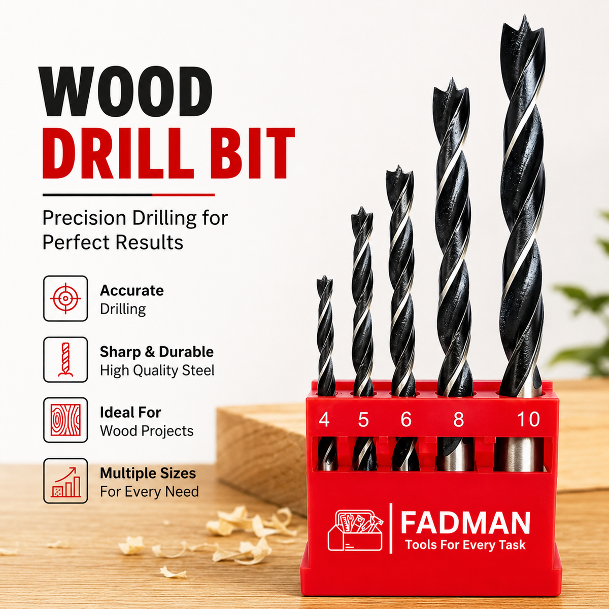 Wood Drill Bit Set 4–10mm, 5 Pcs