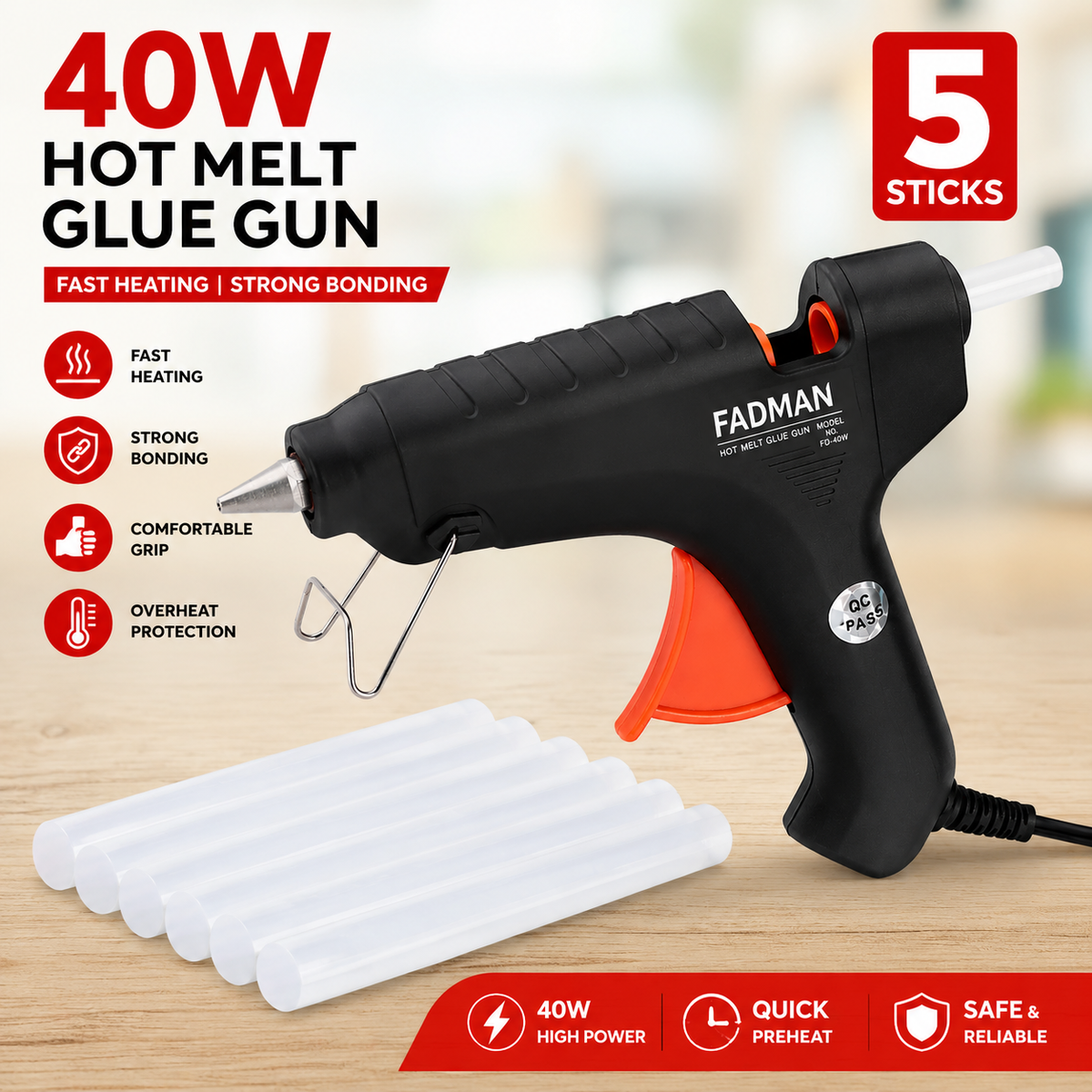 40W Hot Melt Glue Gun with 5 Pcs 11mm Glue Sticks | High Temperature Electric Adhesive Gun for Craft, DIY, Repair & Decoration