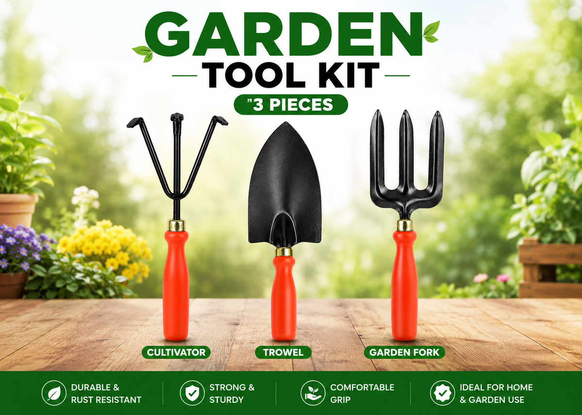 3 Pcs Gardening Hand Tools Set – Cultivator, Big Trowel & Garden Fork for Soil Digging, Loosening, Planting & Gardening