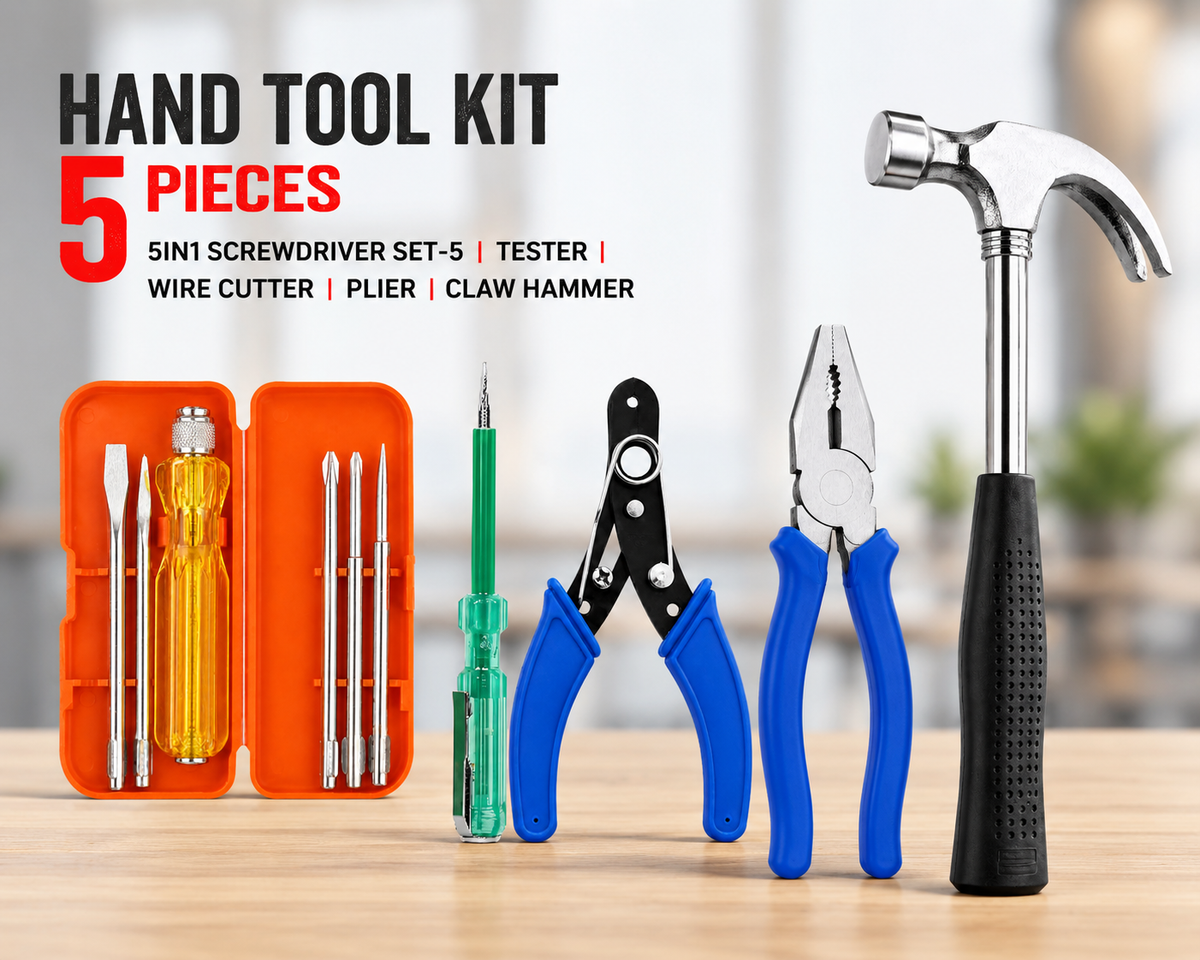 5-in-1 Multi-Purpose Hand Tool Kit with Combination Plier, Wire Cutter, Electrical Tester, Screwdriver Set & Claw Hammer for Home, Repair & DIY Use