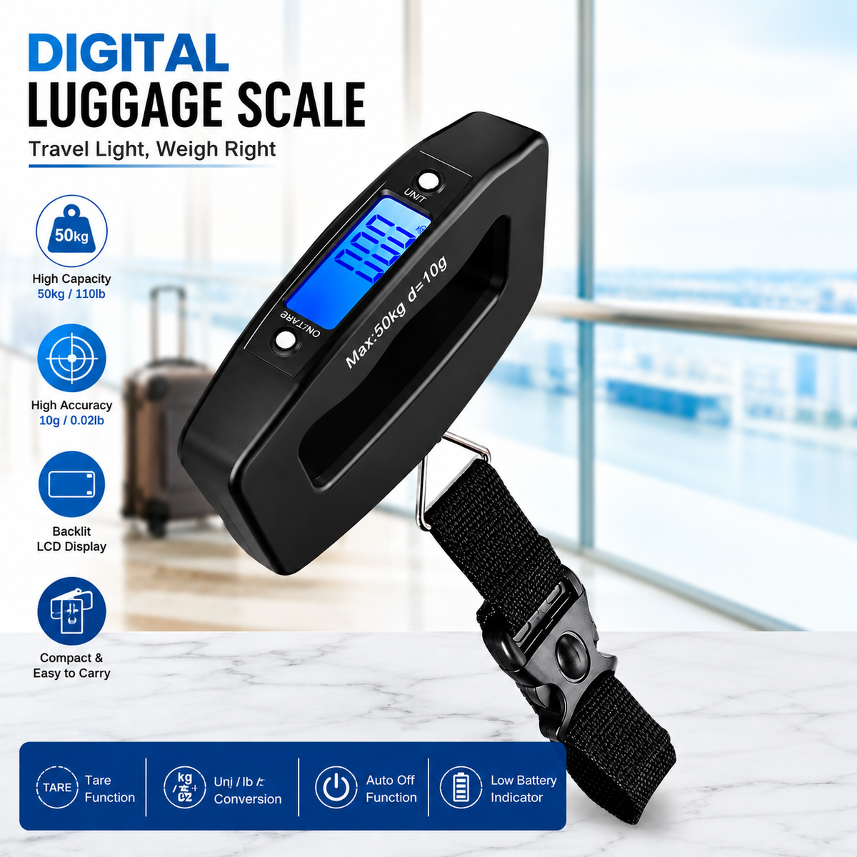 50kg Digital Hanging Luggage Weighing Scale with 10g Precision, Portable Travel Weight Machine with Adjustable Strap & LCD Display for Suitcase, Bags and Parcel