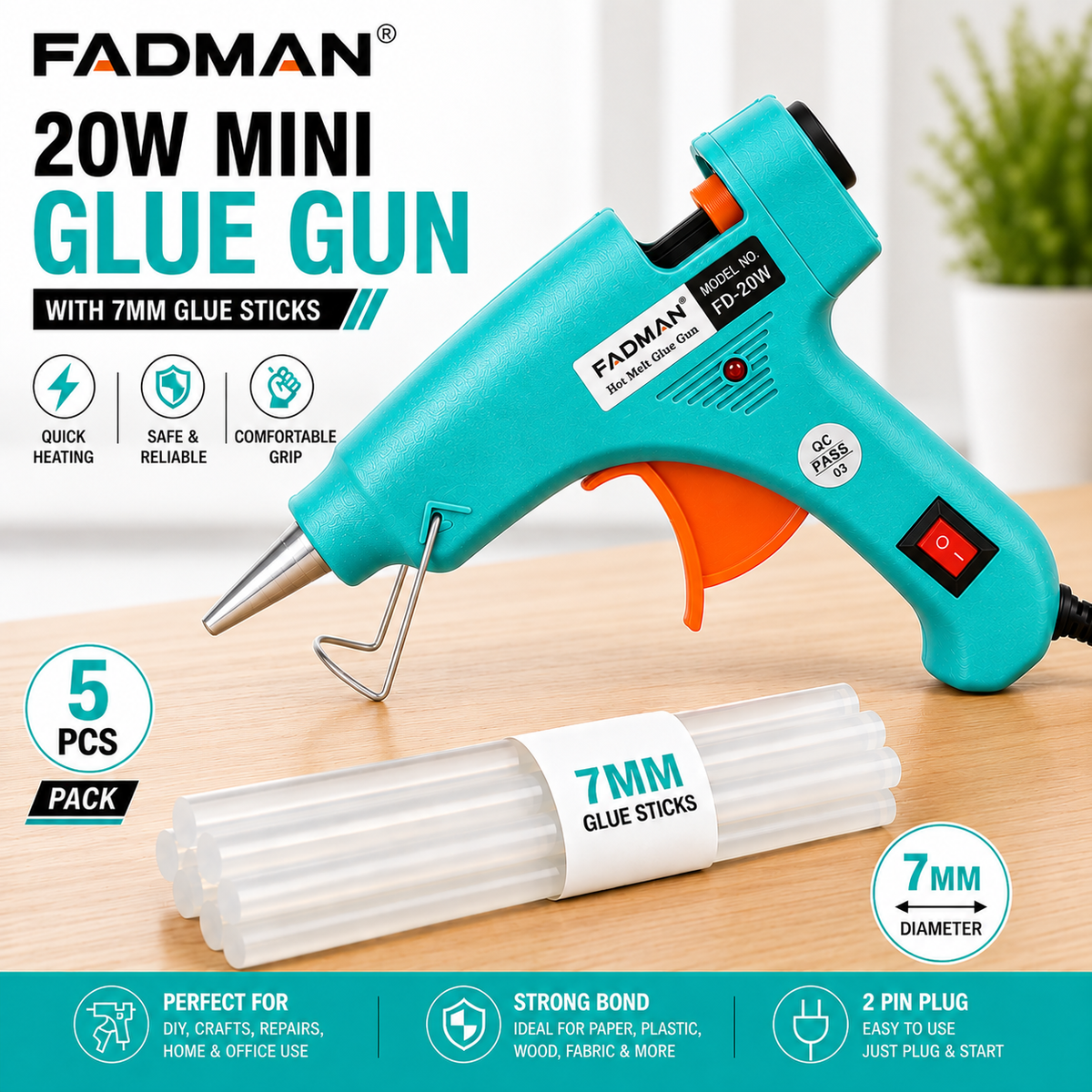 20W Hot Melt Glue Gun with 5 Pcs 7MM Glue Sticks | Mini Electric Adhesive Gun for DIY Crafts, Art, Repair & Home Projects (Turquoise)