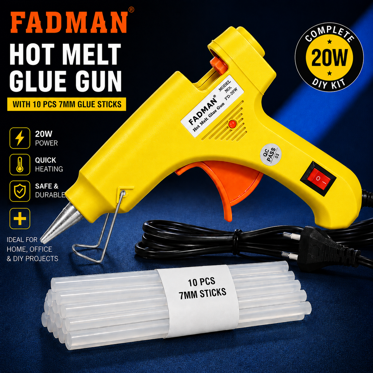 20W Hot Melt Glue Gun with 10 Pcs 7MM Glue Sticks | Mini Electric Adhesive Gun for DIY Crafts, Art, Repair & Home Projects (Yellow)
