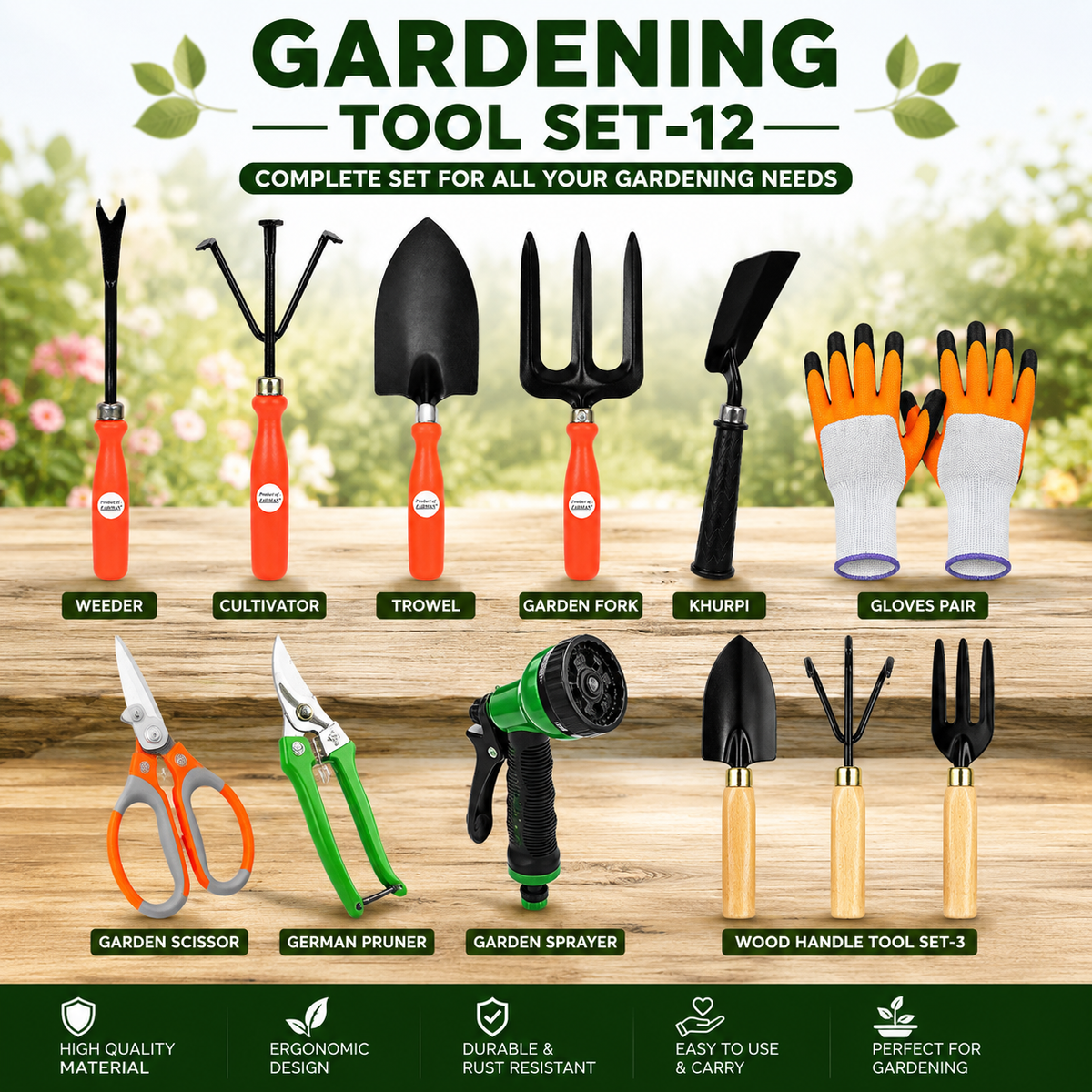 Garden Tools Set of 12 | Big Trowel, 3-Prong Cultivator, Garden Fork, Weeder, Khurpa, Garden Scissors, Wood Handle Gardening Set-3 Pcs, Water Spray Nozzle & 2 Types of Gardening Gloves | Heavy Duty Gardening Tool Kit for Home, Lawn, Plants & Outdoor Use