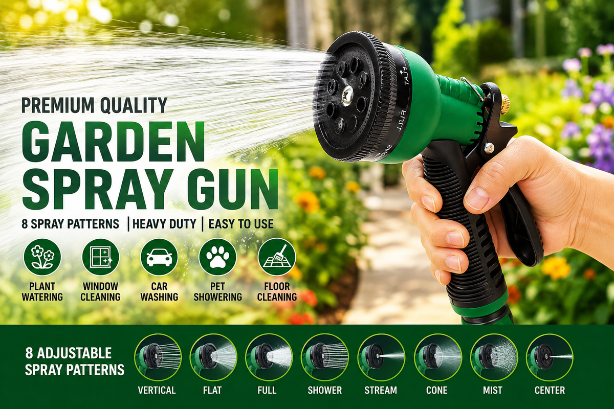 Heavy Duty Garden Hose Spray Nozzle with 8 Adjustable Spray Patterns, Water Flow Control, Hand-Free Clip & Anti-Slip Grip for Lawn, Garden & Car Cleaning