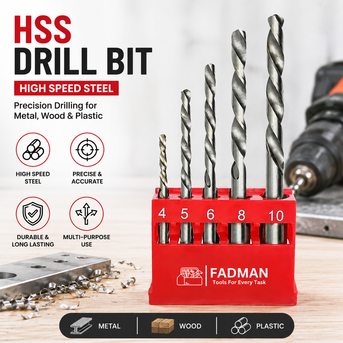 HSS Twist Drill Bit Set 4-10mm, 5 Piece