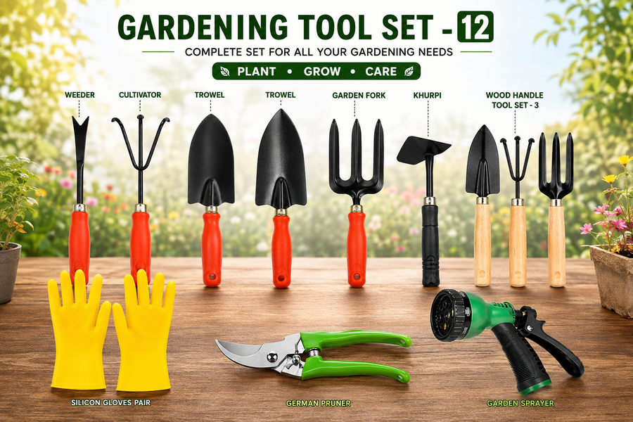Garden Tools Set of 12 | Big Trowel, Small Trowel, 3-Prong Cultivator, Garden Fork, Weeder, Khurpa, Pruning Cutter, Water Spray Nozzle & Gardening Gloves | Heavy Duty Gardening Tool Kit for Home, Lawn, Plants & Outdoor Use