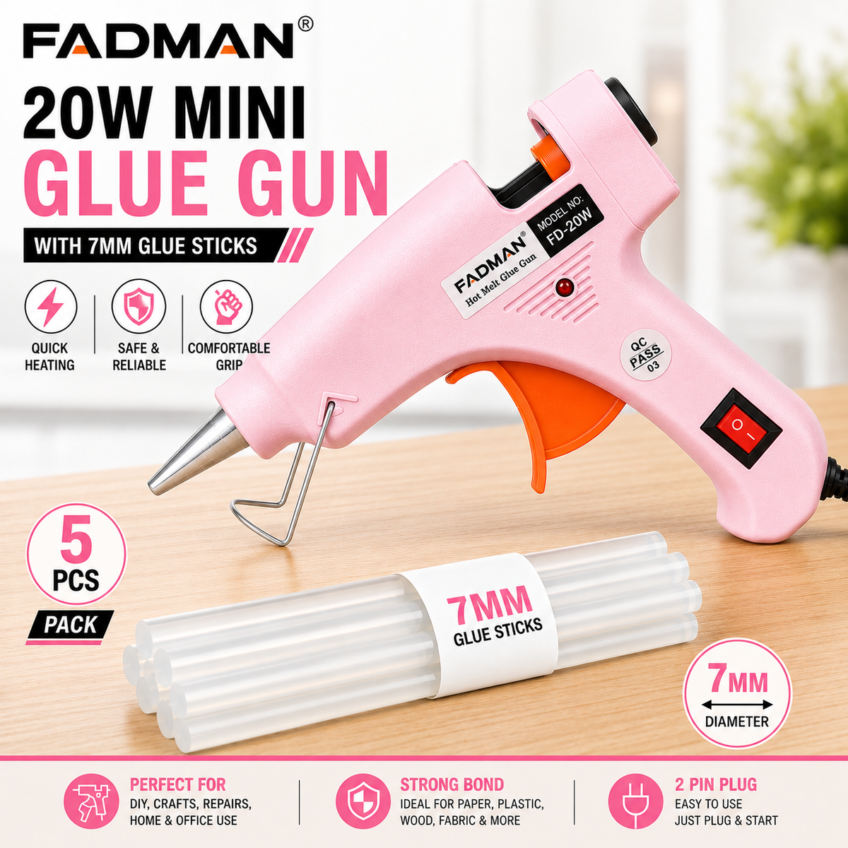 20W Hot Melt Glue Gun with 5 Pcs 7MM Glue Sticks | Mini Electric Adhesive Gun for DIY Crafts, Art, Repair & Home Projects (Pink)