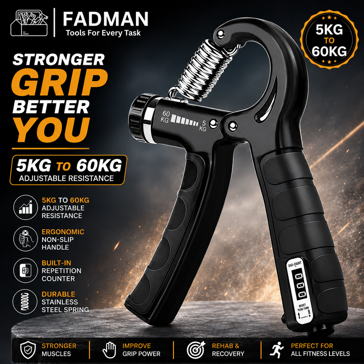 Adjustable Hand Grip Strengthener 5-60KG, Heavy Duty Forearm & Hand Exerciser with Resistance Control, Ergonomic Grip for Men & Women, Wrist & Finger Strength Training