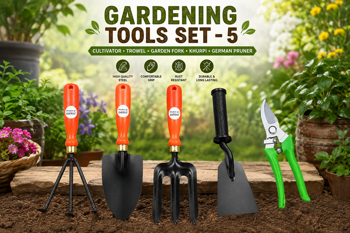 Garden Tools Set of 5 | Garden Fork, Khurpa, Hand Trowel, Pruning Cutter & Cultivator | Heavy Duty Gardening Tools for Home, Lawn, Plants & Outdoor Use