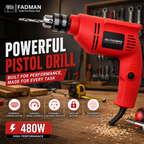 480W Electric Pistol Drill Machine with 10mm Chuck, Variable Speed Control, Forward & Reverse Function, Lock-On Button & Copper Motor for Wood, Metal, PVC & DIY Drilling