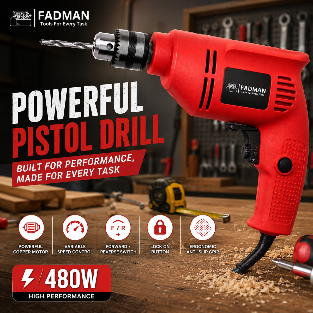 480W Electric Pistol Drill Machine with 10mm Chuck, Variable Speed Control, Forward & Reverse Function, Lock-On Button & Copper Motor for Wood, Metal, PVC & DIY Drilling