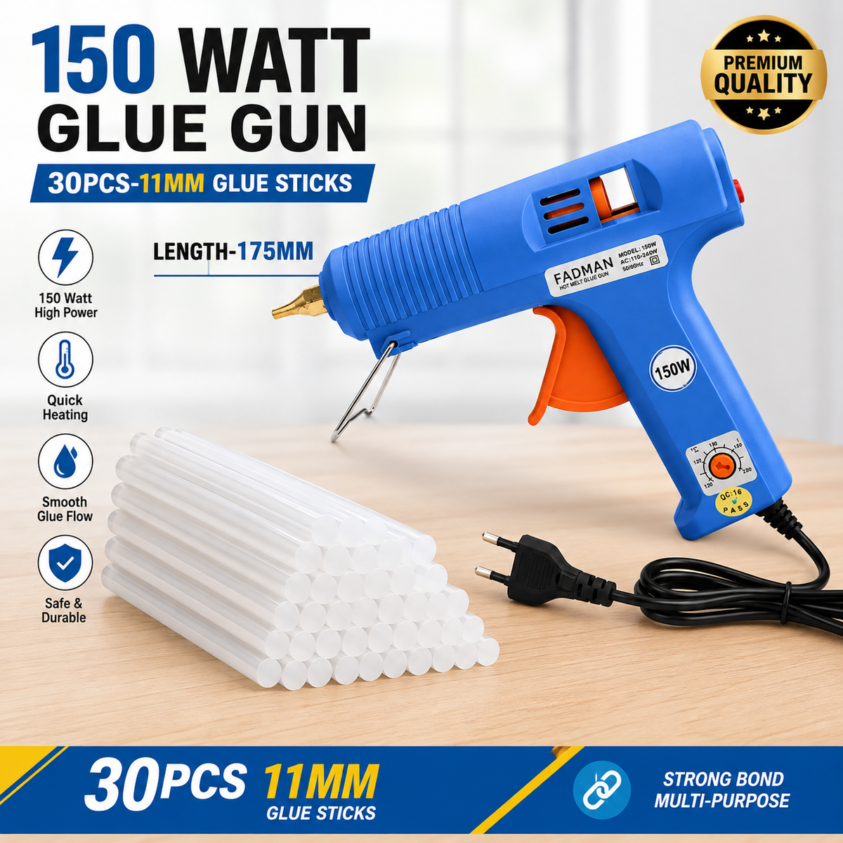 150W Hot Melt Glue Gun with 30 Pcs 11MM Glue Sticks | High Temperature Electric Adhesive Gun for DIY, Craft, Repair, Art & Home Projects