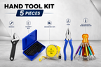 5-in-1 Hand Tool Kit with Adjustable Wrench, 5M Measuring Tape, Combination Pliers, Blue Allen Key Set & 6-in-1 Hexagon Screwdriver Set for Home, Workshop & Repair