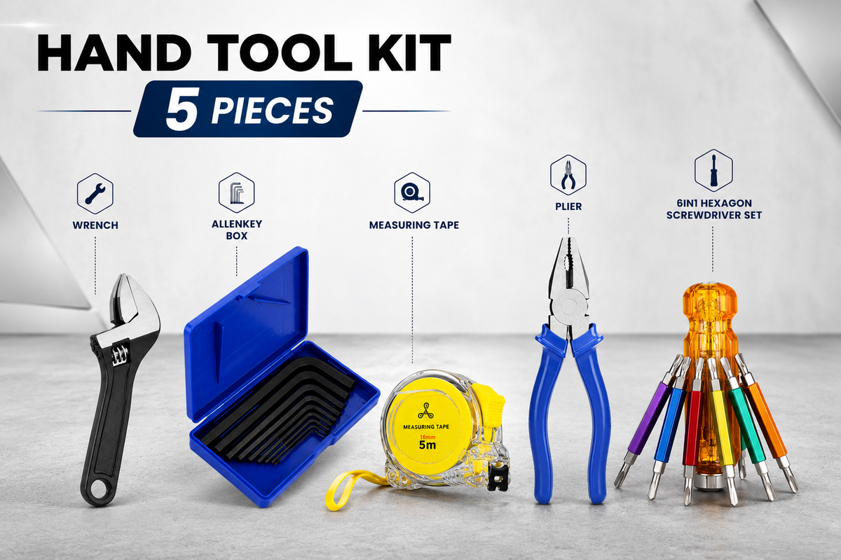 5-in-1 Hand Tool Kit with Adjustable Wrench, 5M Measuring Tape, Combination Pliers, Blue Allen Key Set & 6-in-1 Hexagon Screwdriver Set for Home, Workshop & Repair