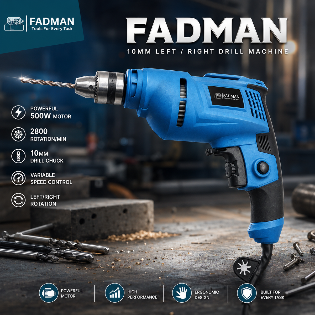 500W 10mm Electric Drill Machine with Variable Speed, Forward & Reverse Rotation, 2800 RPM, Lock-On Switch, Cooling Vents & 1.3 Meter Power Cord for Home, DIY & Professional Use
