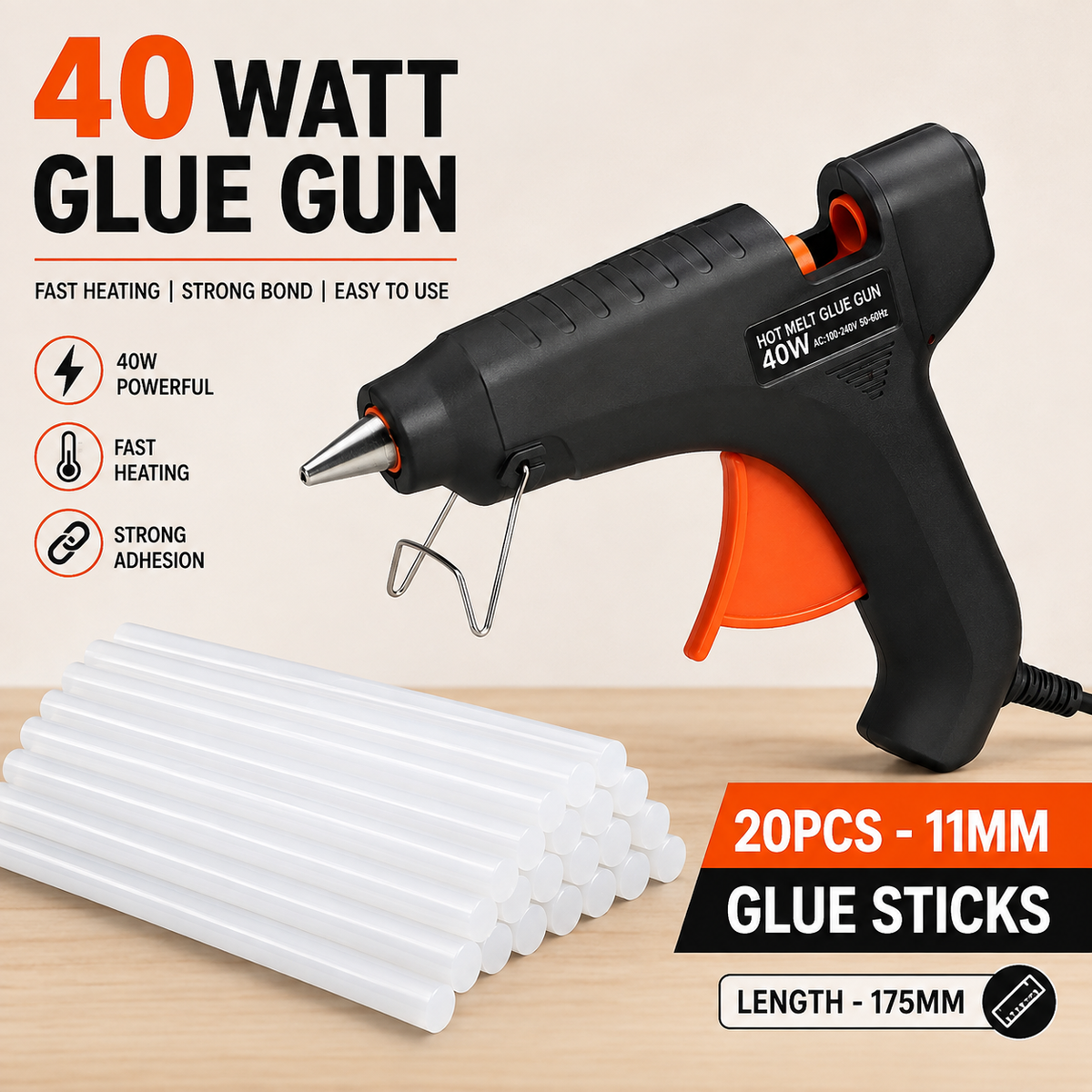 40W Hot Melt Glue Gun with 20 Pcs 11mm Glue Sticks | High Temperature Electric Adhesive Gun for Craft, DIY, Repair & Decoration