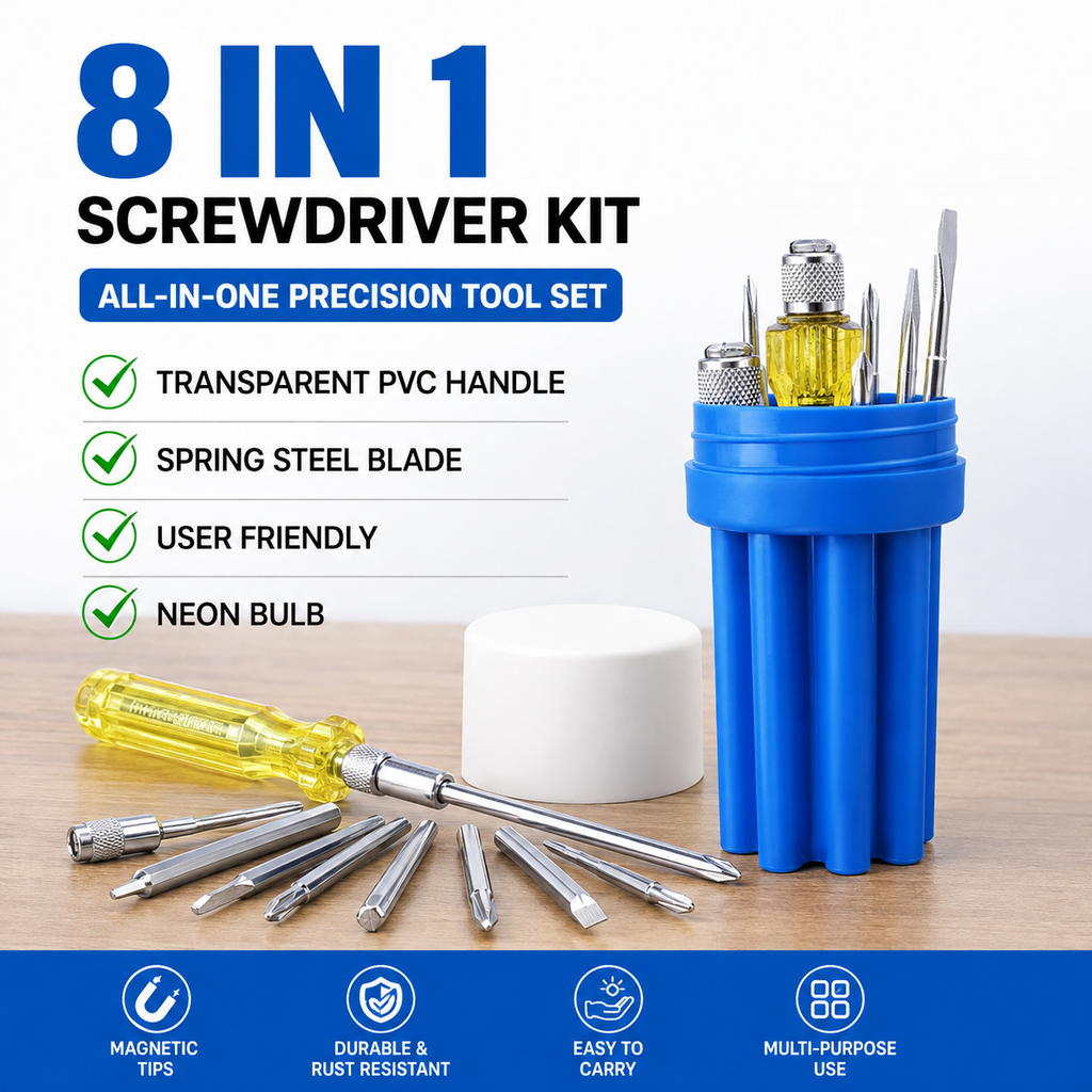 8-in-1 Screwdriver Set, Multi-Size Screwdriver Set with Interchangeable Phillips & Flat Head Bits, Extension Rod, High-Grade Steel Shafts & Transparent PVC Handle for Car, Computer, Workshop & Household Repair