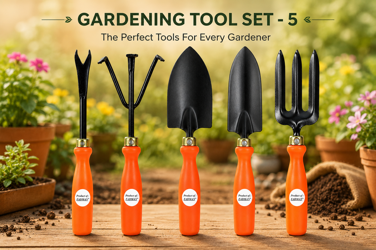 Garden Tools Set of 5 | Hand Trowel, 3-Tine Cultivator, Garden Fork, Weeder & Gardening Trowel | Heavy Duty Gardening Tools for Planting, Digging & Soil Cultivation