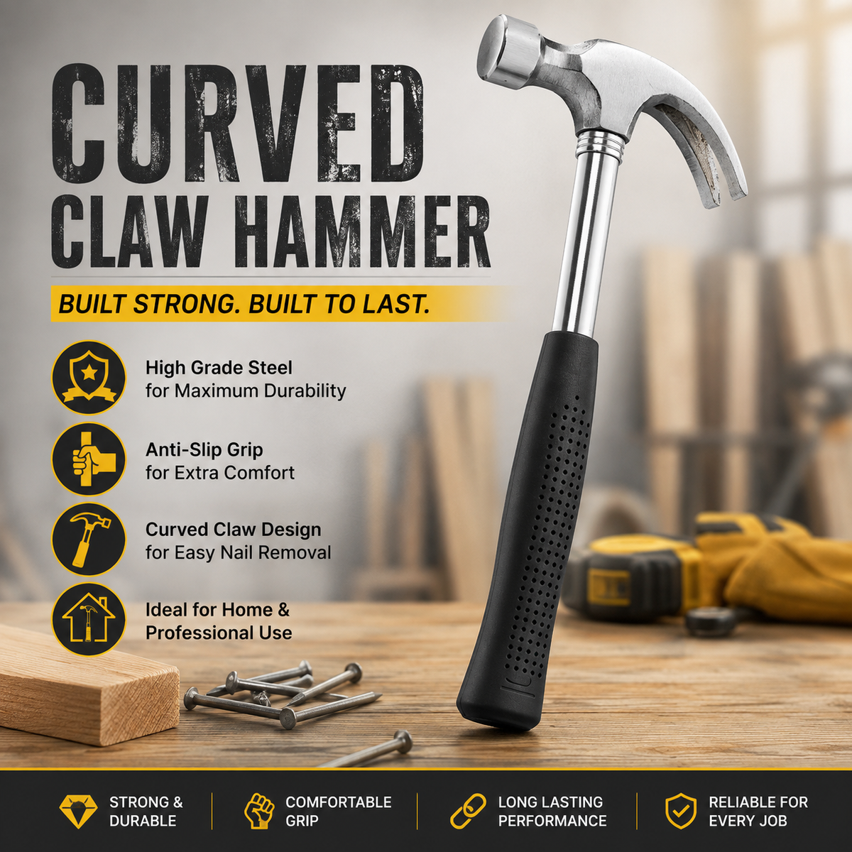 Heavy Duty Claw Hammer with Fiberglass Handle, Anti-Slip Grip for Carpentry, Woodworking, Construction & DIY