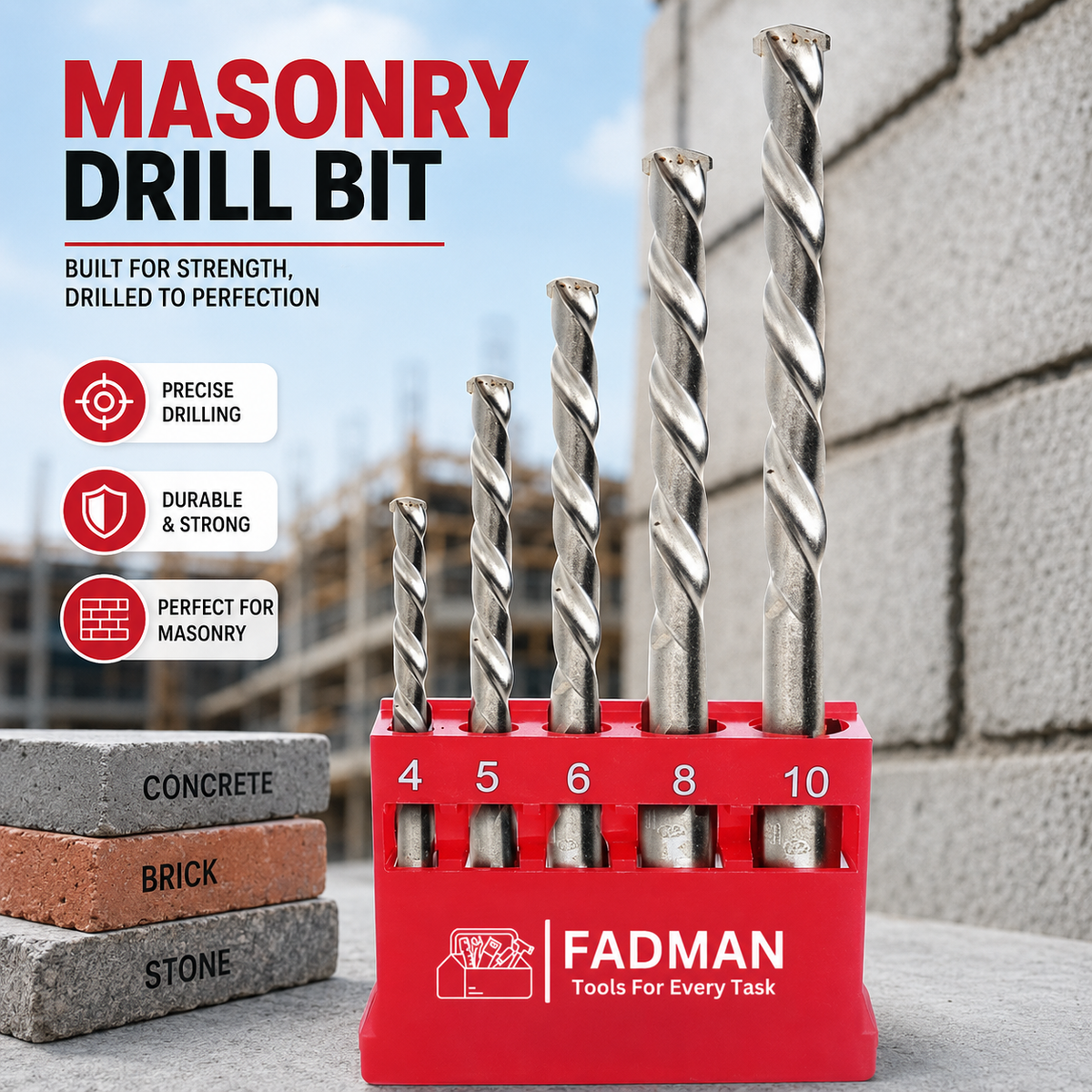Masonry Drill Bit Set 4–10mm, 5 Pcs Concrete Wall Drill Bits