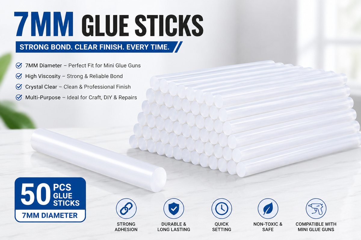 50 Pcs 7mm Transparent Hot Melt Glue Sticks for 20W Mini Glue Gun – Strong Adhesive Sticks for Craft, DIY, Art, Repair & Decoration
