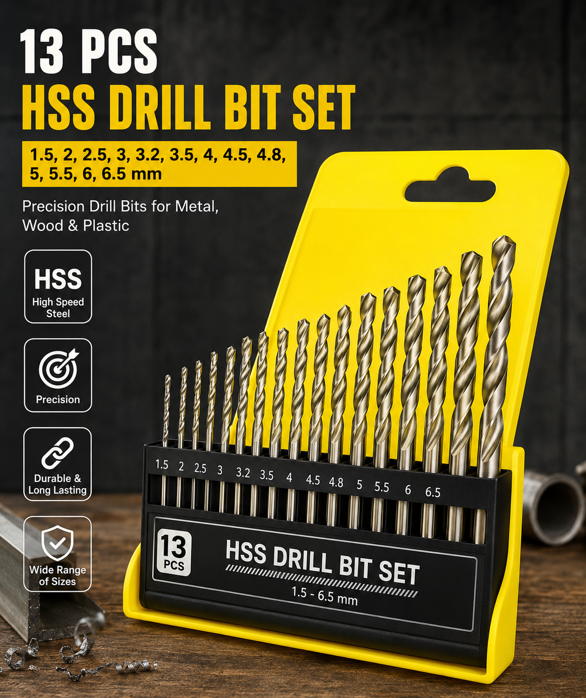 13 Pcs HSS Drill Bit Set 1.5–6.5 mm | High Speed Steel Twist Drill Bits for Metal, Wood & Plastic