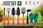 Garden Tools Set of 8 | Big Trowel, Small Trowel, Weeder, 3-Tine Cultivator, Khurpa, Pruning Cutter, Garden Fork & Gardening Gloves | Heavy Duty Gardening Tool Kit for Home, Lawn, Plants & Outdoor Use