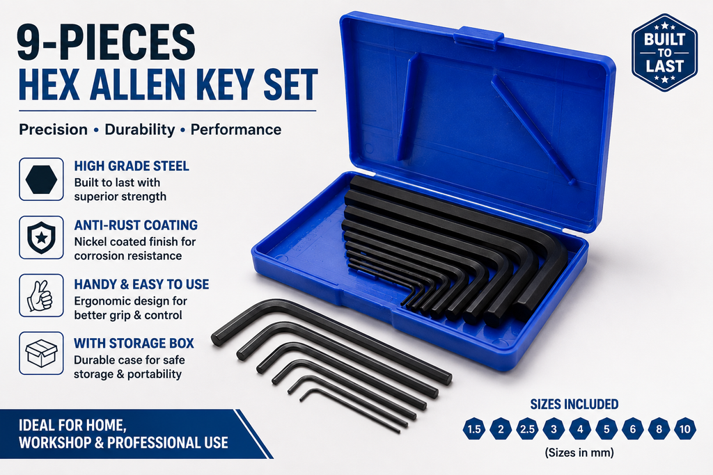9-Piece Metric Hex Allen Key Set, L-Shaped Hex Wrench Set with 1.5mm to 10mm Sizes, Anti-Rust Nickel Coated Allen Keys for Home, DIY & Professional Use