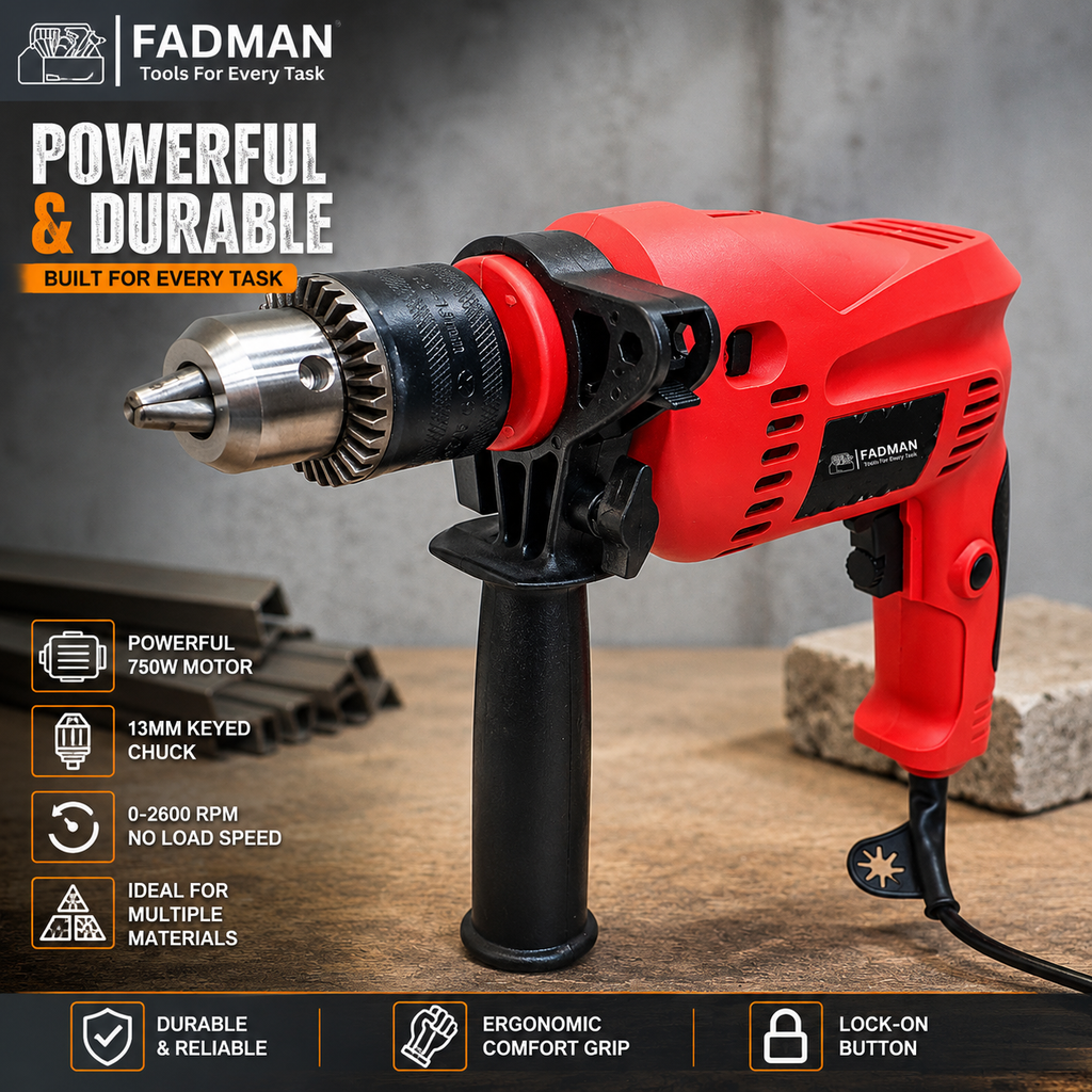 750W Electric Impact Drill Machine with 13mm Chuck, Variable Speed, Forward & Reverse Function, Hammer & Drill Mode, Auxiliary Handle and Depth Gauge for Concrete, Metal, Wood & Wall Drilling