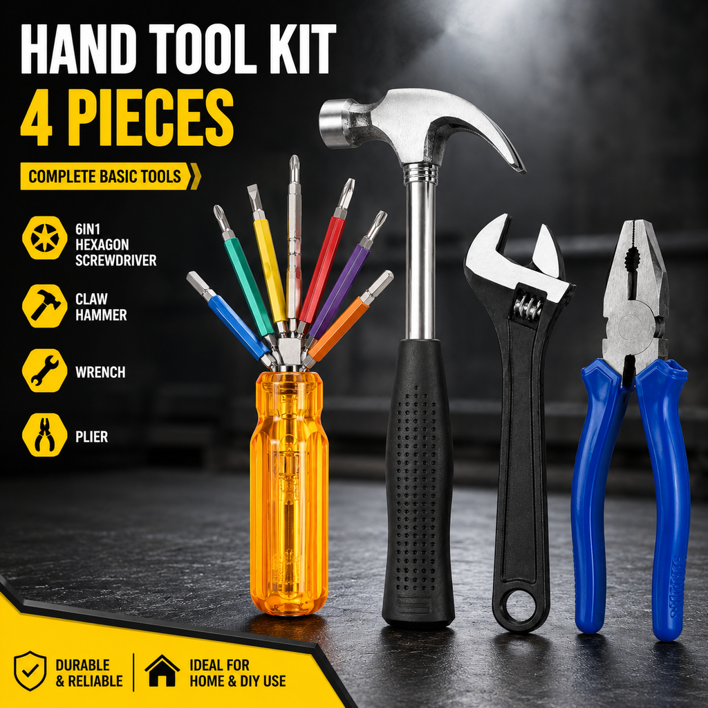 4-in-1 Multi-Purpose Hand Tool Kit – Combination Plier, 6-in-1 Hexagon Screwdriver Set, Claw Hammer & 200mm Adjustable Wrench for Home, Repair & DIY Work