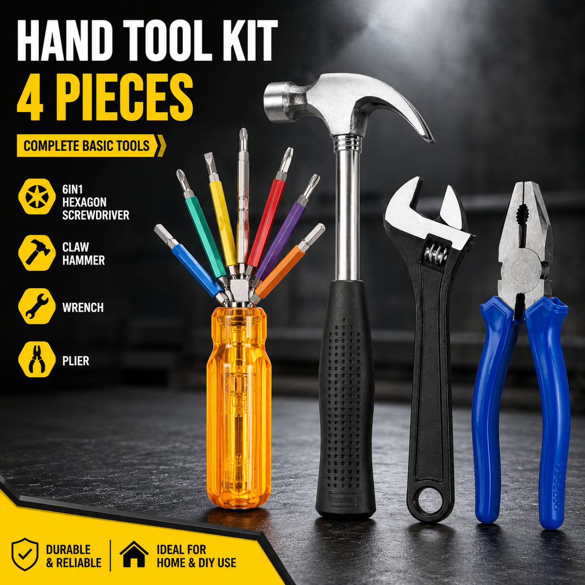 4-in-1 Multi-Purpose Hand Tool Kit – Combination Plier, 6-in-1 Hexagon Screwdriver Set, Claw Hammer & 200mm Adjustable Wrench for Home, Repair & DIY Work