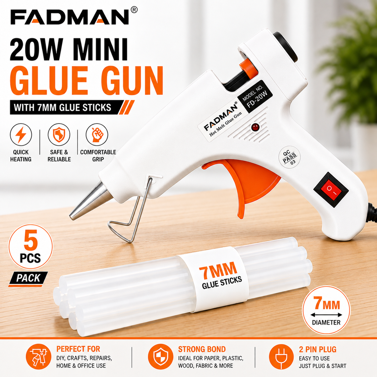 20W Hot Melt Glue Gun with 5 Pcs 7MM Glue Sticks | Mini Electric Adhesive Gun for DIY Crafts, Art, Repair & Home Projects (White)