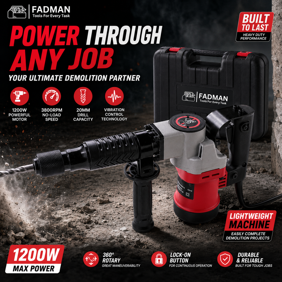 1200W Heavy Duty Rotary Hammer Drill Machine, 20mm Concrete Drill Capacity, 3800 RPM, 2900 BPM, Vibration Control, Ergonomic Grip & Auxiliary Handle for Concrete, Masonry & Construction Work