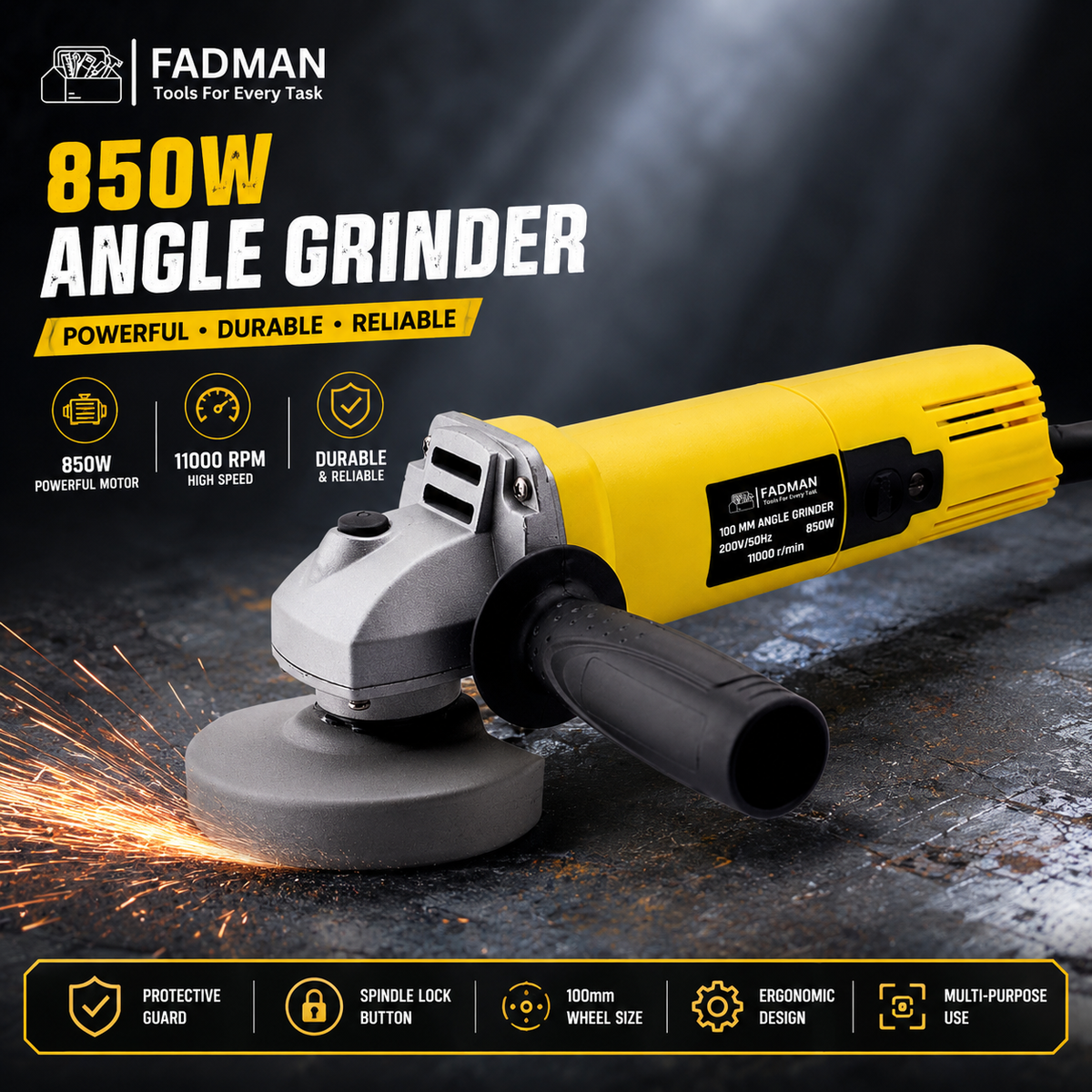 850W Angle Grinder 100mm Heavy Duty Electric Power Tool, 11000 RPM, Spindle Lock, Adjustable Protective Guard for Cutting, Grinding & Polishing (Yellow)