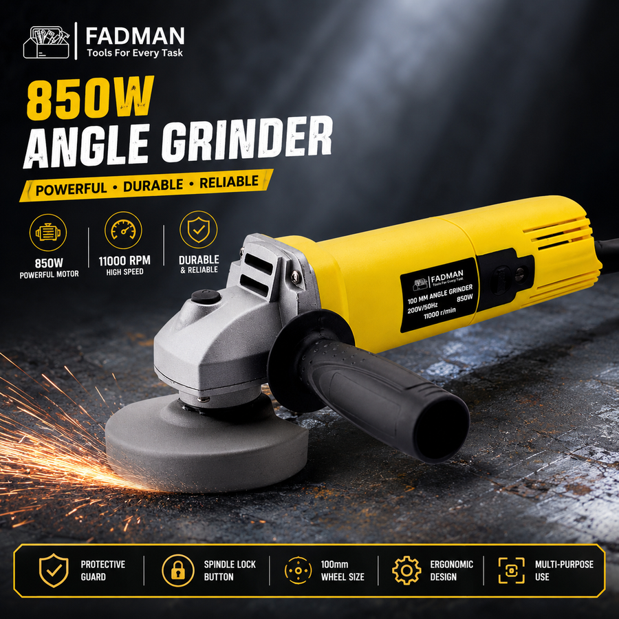 850W Angle Grinder 100mm Heavy Duty Electric Power Tool, 11000 RPM, Spindle Lock, Adjustable Protective Guard for Cutting, Grinding & Polishing (Yellow)