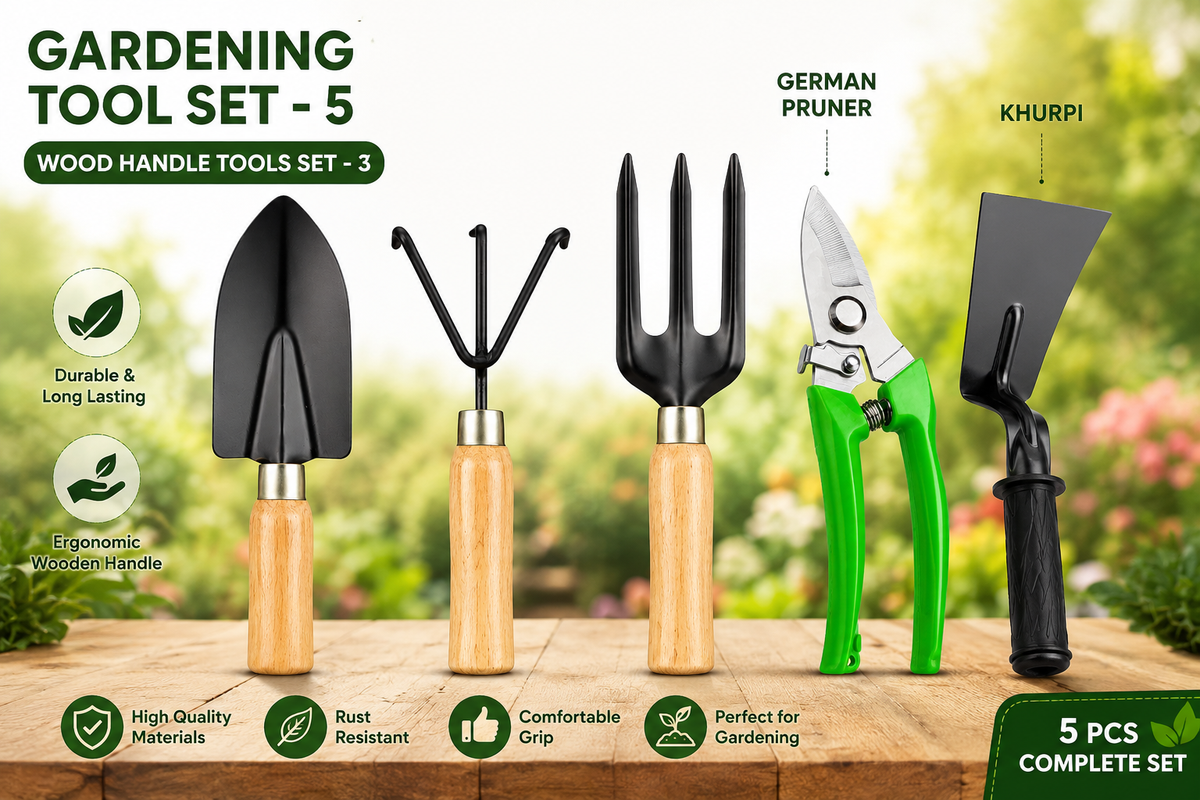 Garden Tools Set with Khurpa, German Cutter & Wood Handle Gardening Tools for Weeding, Pruning & Plant Care