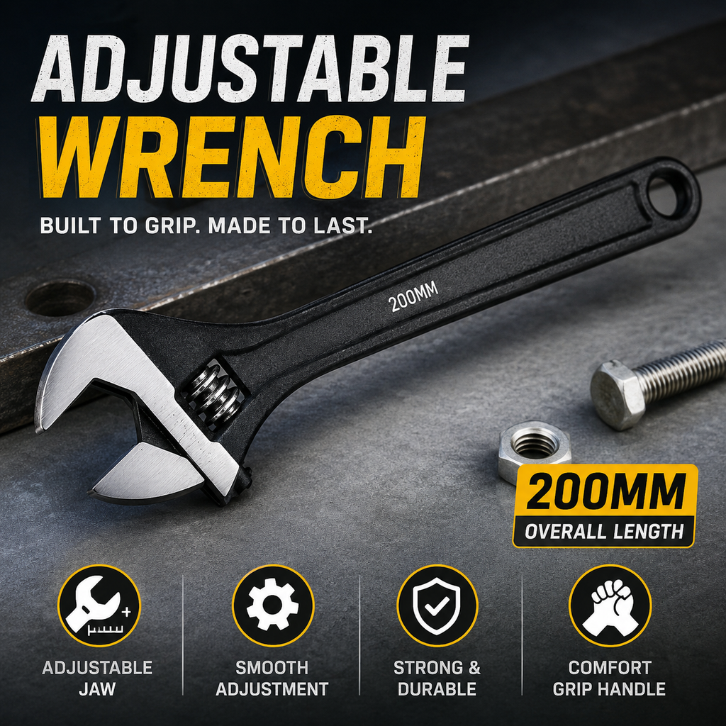 200MM Adjustable Wrench, Heavy Duty Adjustable Spanner with Chrome Finish, Wide Jaw for Plumbing, Automotive, Mechanical & DIY Work