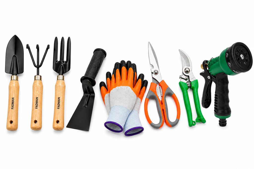 Garden Tools Set of 8 | Khurpa, Gardening Gloves, Pruning Scissors, Garden Pruner, Water Spray Nozzle & Hand Trowel Cultivator Fork Set | Gardening Tools Kit for Home, Plants, Lawn & Outdoor Use