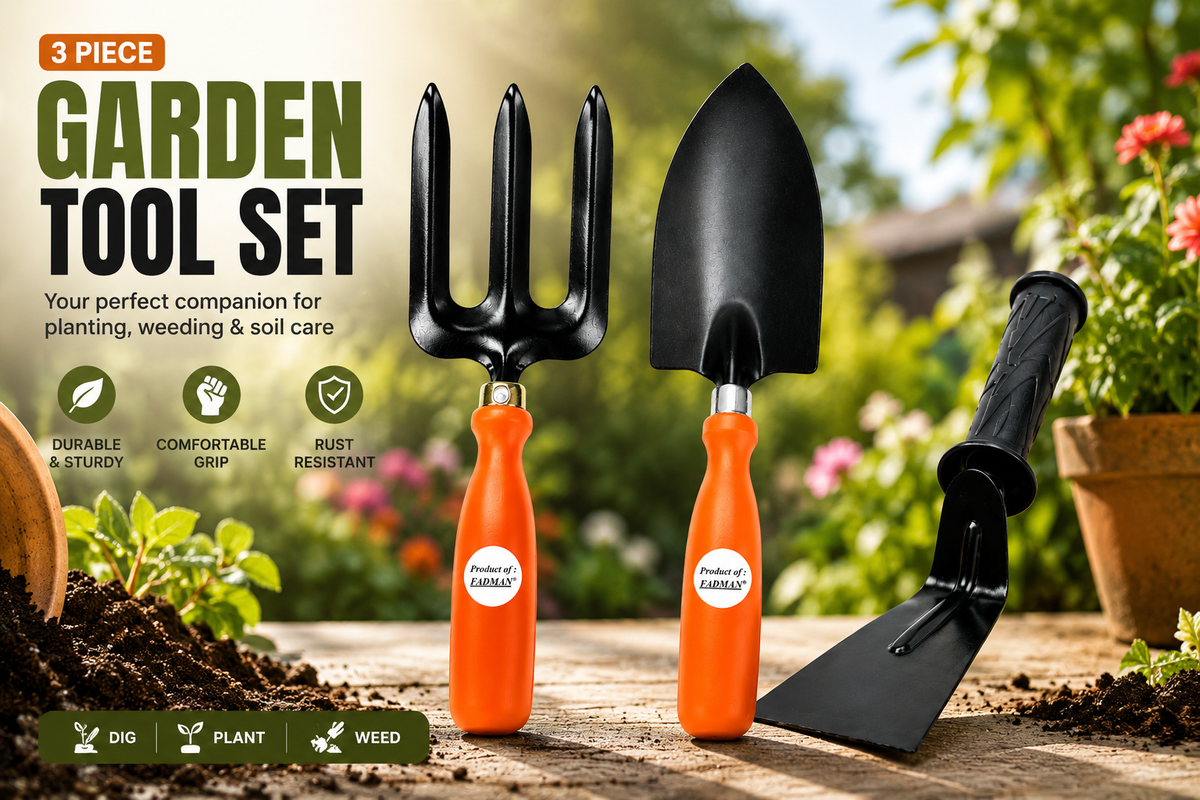 Garden Tool Set of 3 | Big Trowel, 3-Prong Garden Fork & Khurpa | Heavy-Duty Hand Tools for Gardening, Weeding, Digging & Soil Cultivation