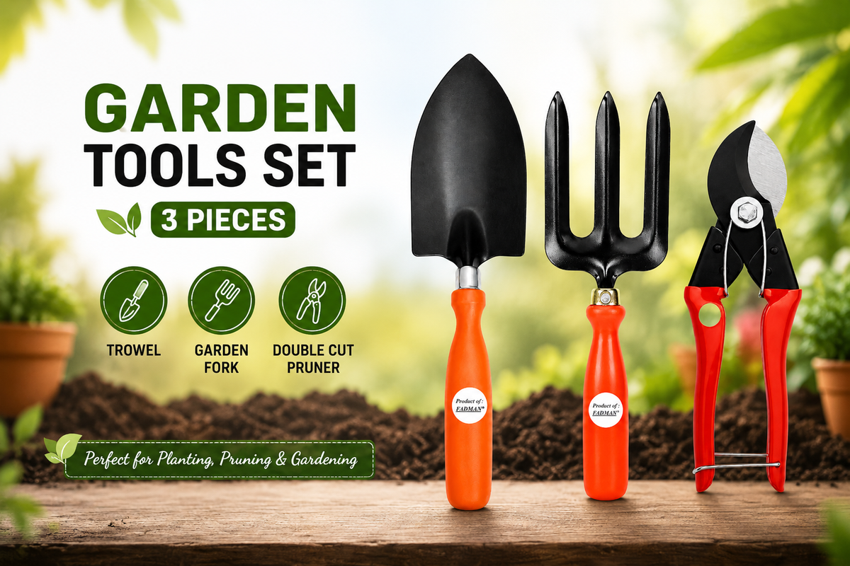 Garden Tools Set of 3 – Big Trowel, 3-Prong Garden Fork & Double Cut Pruner for Gardening, Planting, Soil Digging & Pruning