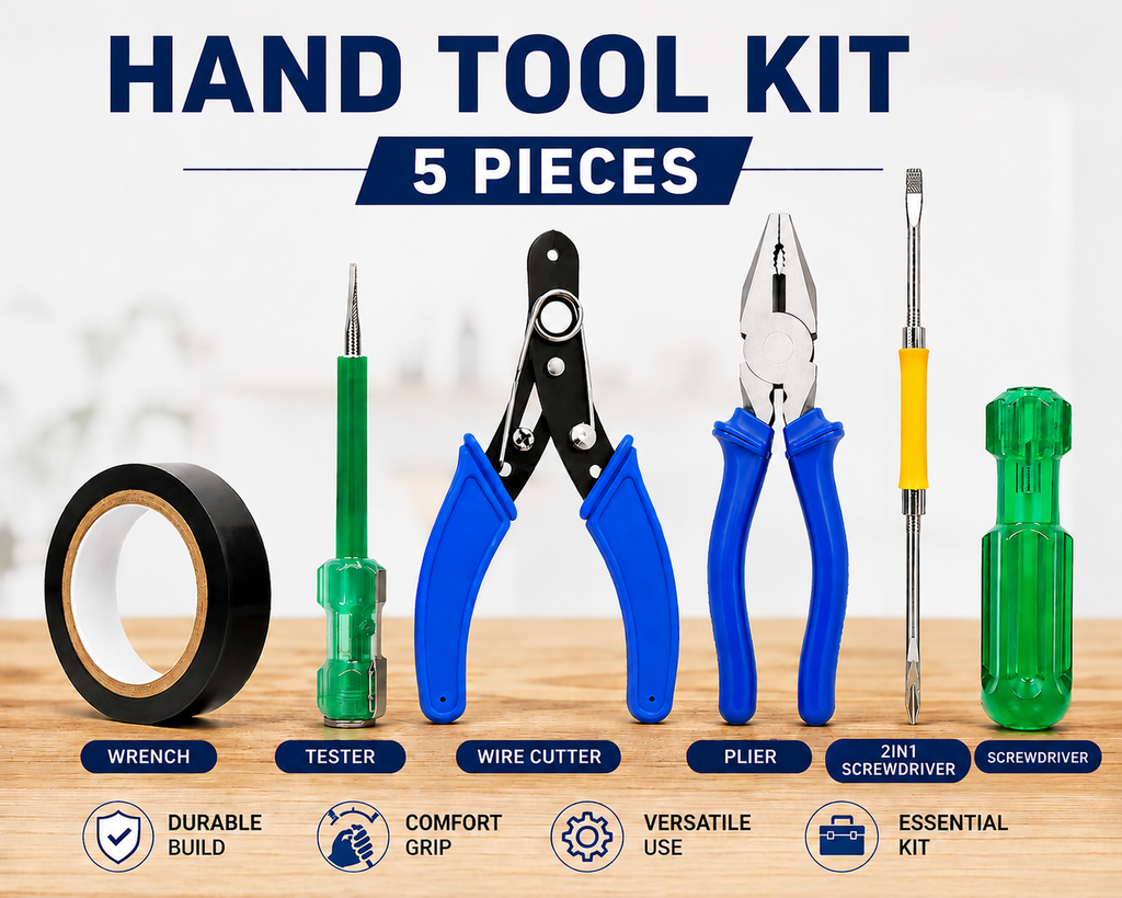 5-in-1 Multi-Purpose Hand Tool Kit with Combination Plier, Wire Cutter, Voltage Tester, 2-in-1 Screwdriver & Electrical Insulation Tape for Home, Electrical & Repair Work