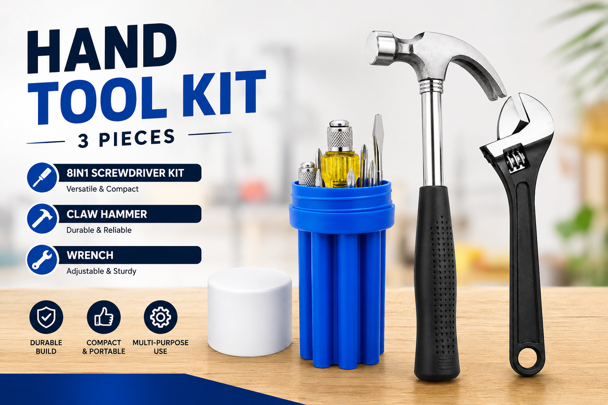3-in-1 Hand Tool Kit with Claw Hammer, 8-in-1 Screwdriver & 200mm Adjustable Wrench, Multi-Purpose Hand Tool Set for Home Repair, DIY, Workshop & Maintenance